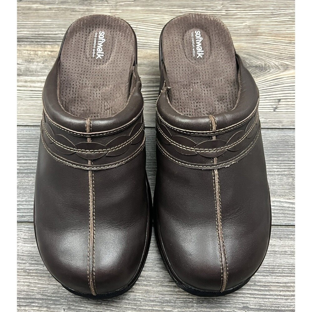 SoftWalk Brown Leather Wedge Comfort Slide On Clogs Women's‎ 9.5WW (Extra Wide)